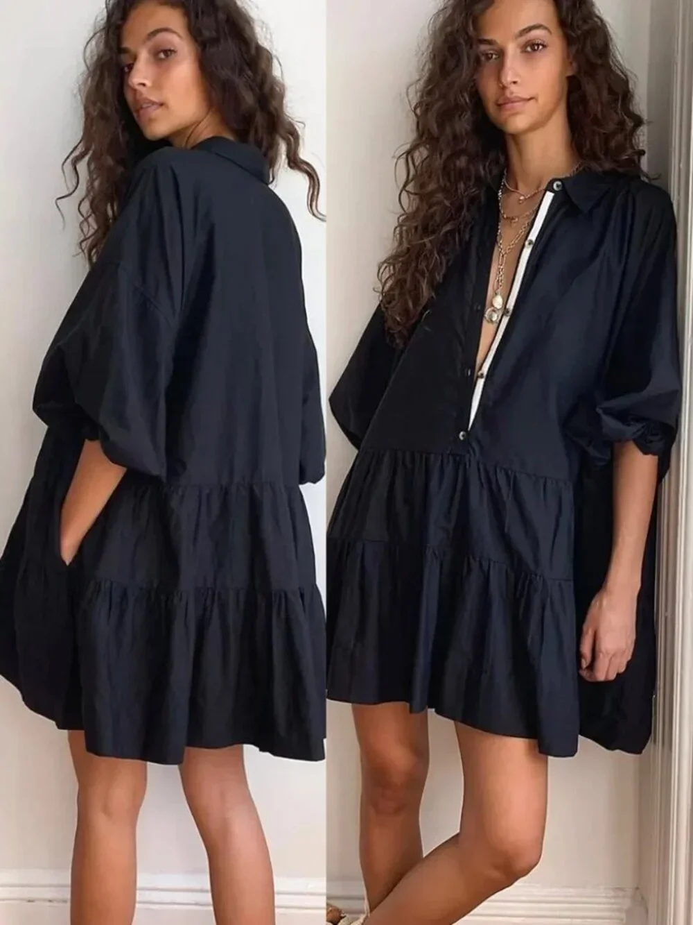 Free People Black Misha Mini Dress Size M Poplin 100% Cotton Tiered Babydoll